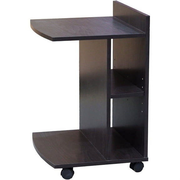 Vine Laminated Wood C-Shaped Wheeled End Table with Storage Shelves in Chocolate