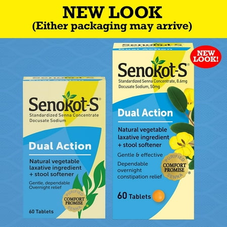 Senokot-S Dual Action, 60 Tablets, Vegetable Laxative Plus Stool Softener Relief of Constipation