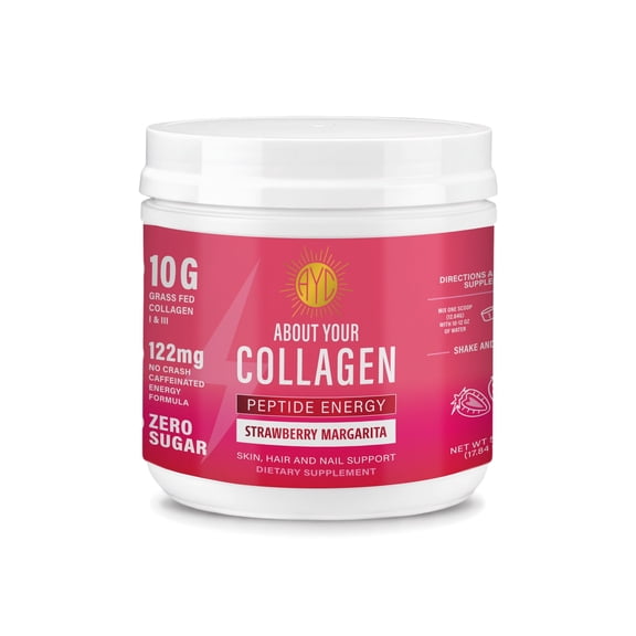 ABOUT YOUR COLLAGEN Peptide Energy Collagen Powder (Bonus Size 40 serv) Hair, Nail, Skin, Type I & III,Caffeine, Vitamin C, Biotin, Hyaluronic Acid, Zero Sugar – 17.84 oz (Strawberry Margarita)