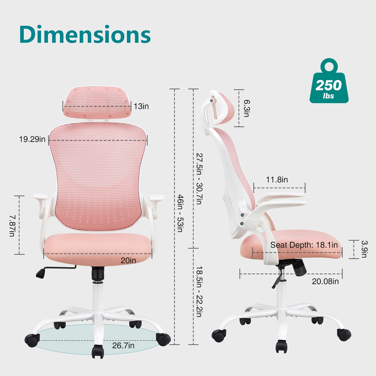CONCETTA Office Computer Desk Chair, Ergonomic High-Back Mesh Chairs with Wheels and Adjustable Headrests, Pink