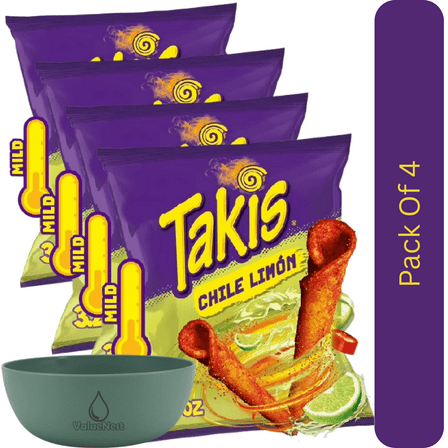 Takis Chile Limón Crunchy Rolled Tortilla Chips, Hot Chili Pepper & Lime, 3.25 oz Snack Size Bag With Olive Green Bowl By ValueNest