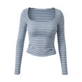 thumbnail image 5 of Arlun Striped Long Sleeve T Shirts for Women Square Neck Stretchy Tight Cropped Tops Casual Going out Basic Tee Lightweight Soft Comfort Versatile for Daily Wear 1-Blue XXS, 5 of 5