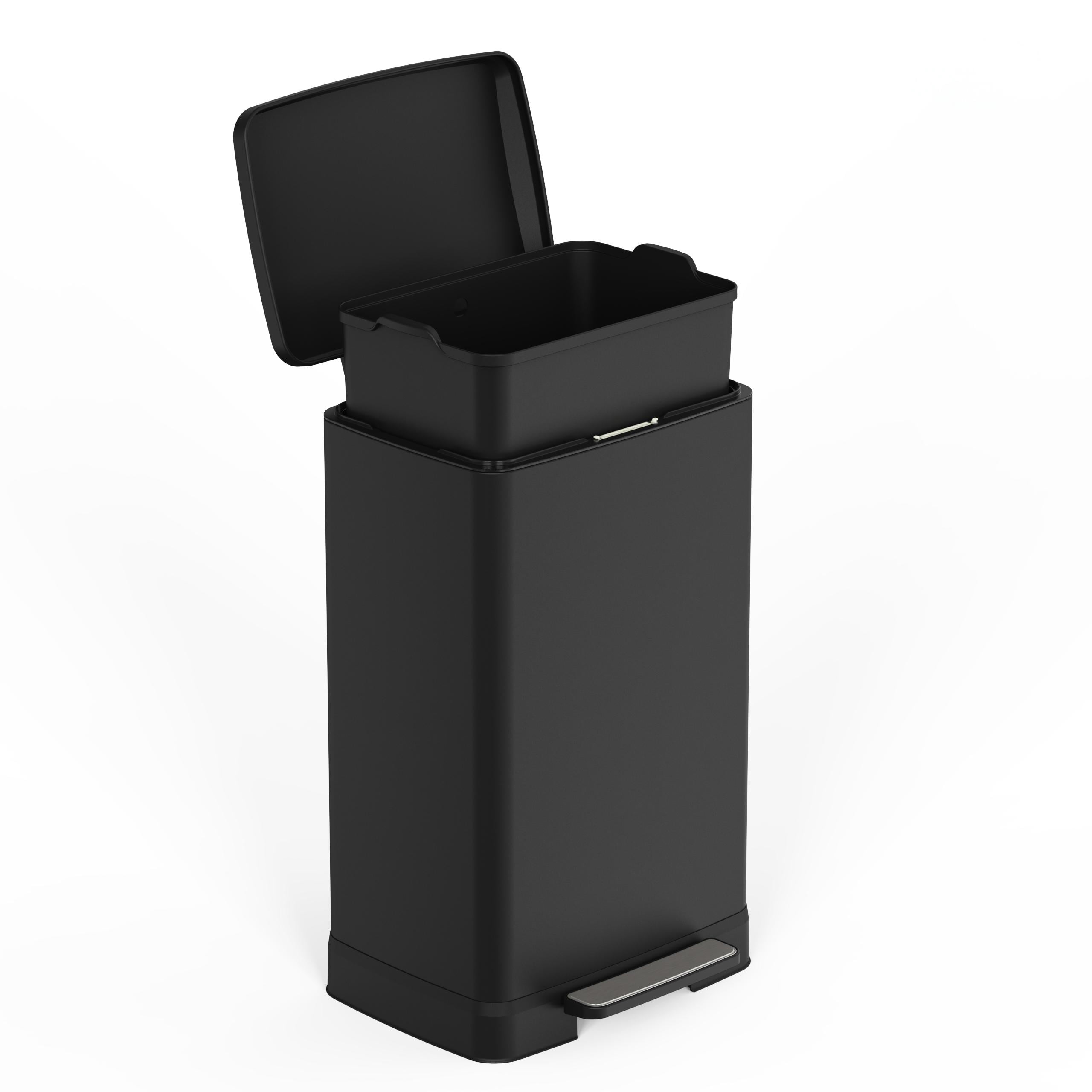 14 Gallons Pedal Trash Can with Soft Close Lid, Removable Inner Bucket & Detachable Wheels, Odor Control Slot for Kitchen Home, Black