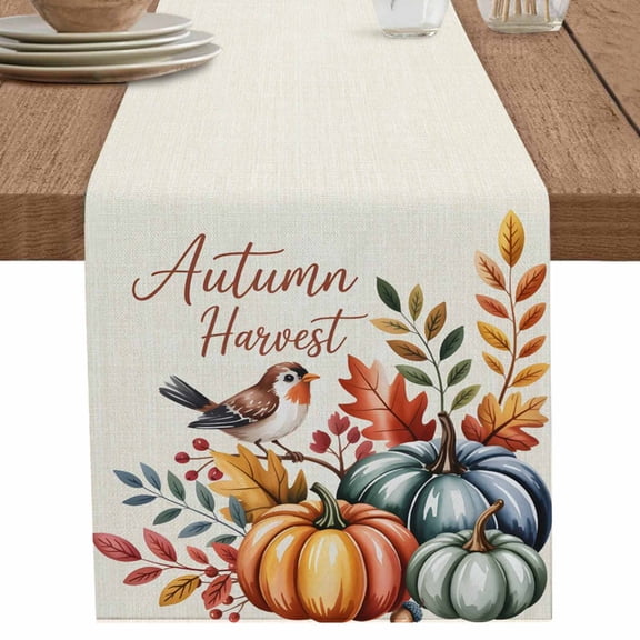 nqOlkjepod Thanksgiving Pumpkins Table Runner 48 Inches Long Farmhouse Dress Scarves, Fall Leaves Autumn Country Bird Dining Tablerunner for Coffee Table/Kitchen Island/Party Décor, 13" x 48"