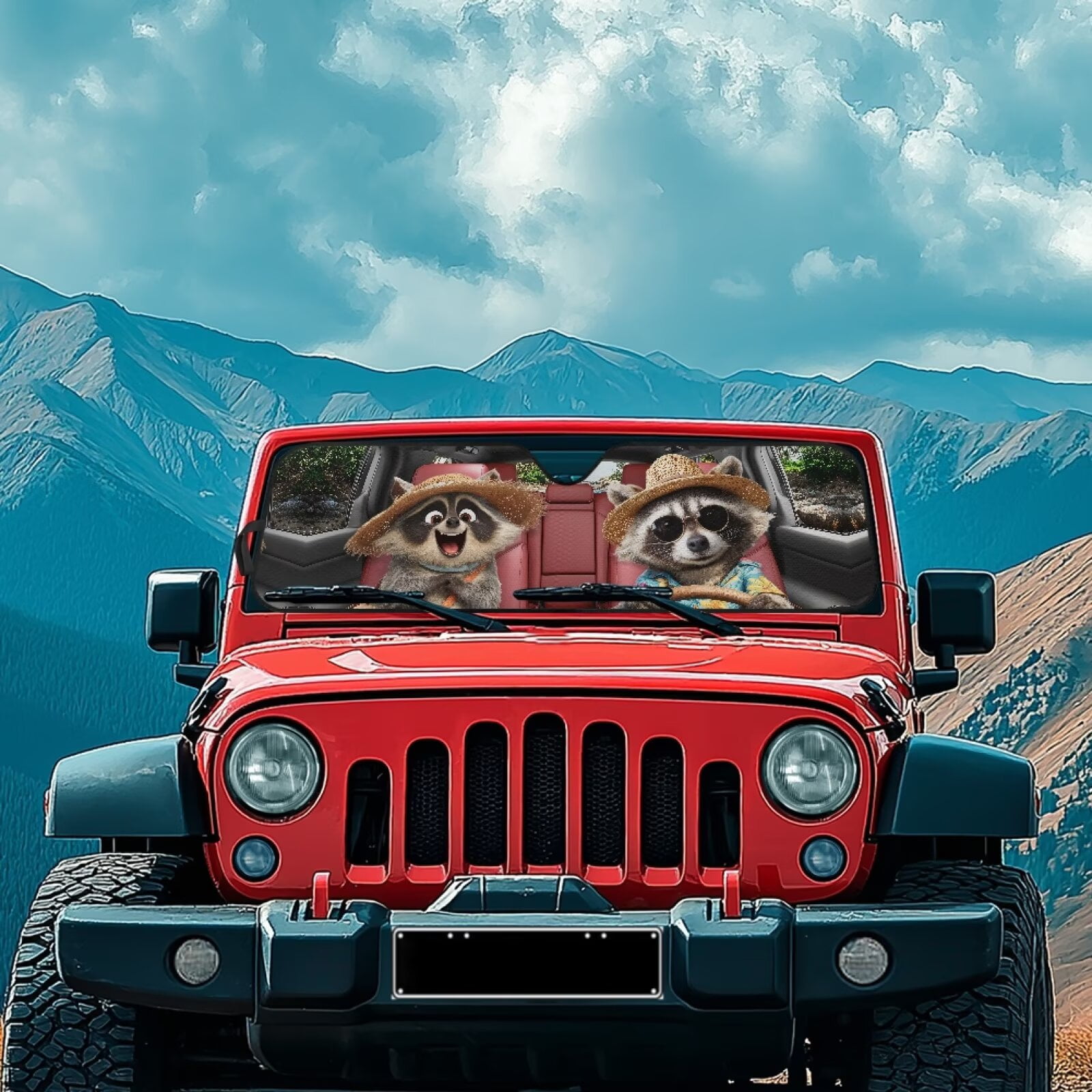 HUIACONG Cute Raccoon Windshield Sun Shade for 2018-2025 Jeep Wrangler JL JLU & 2020-2025 Jeep Gladiator 310T Polyester Covered Foldable Front Sunshade, Blocks UV Rays and Heat, Outdoor Camping