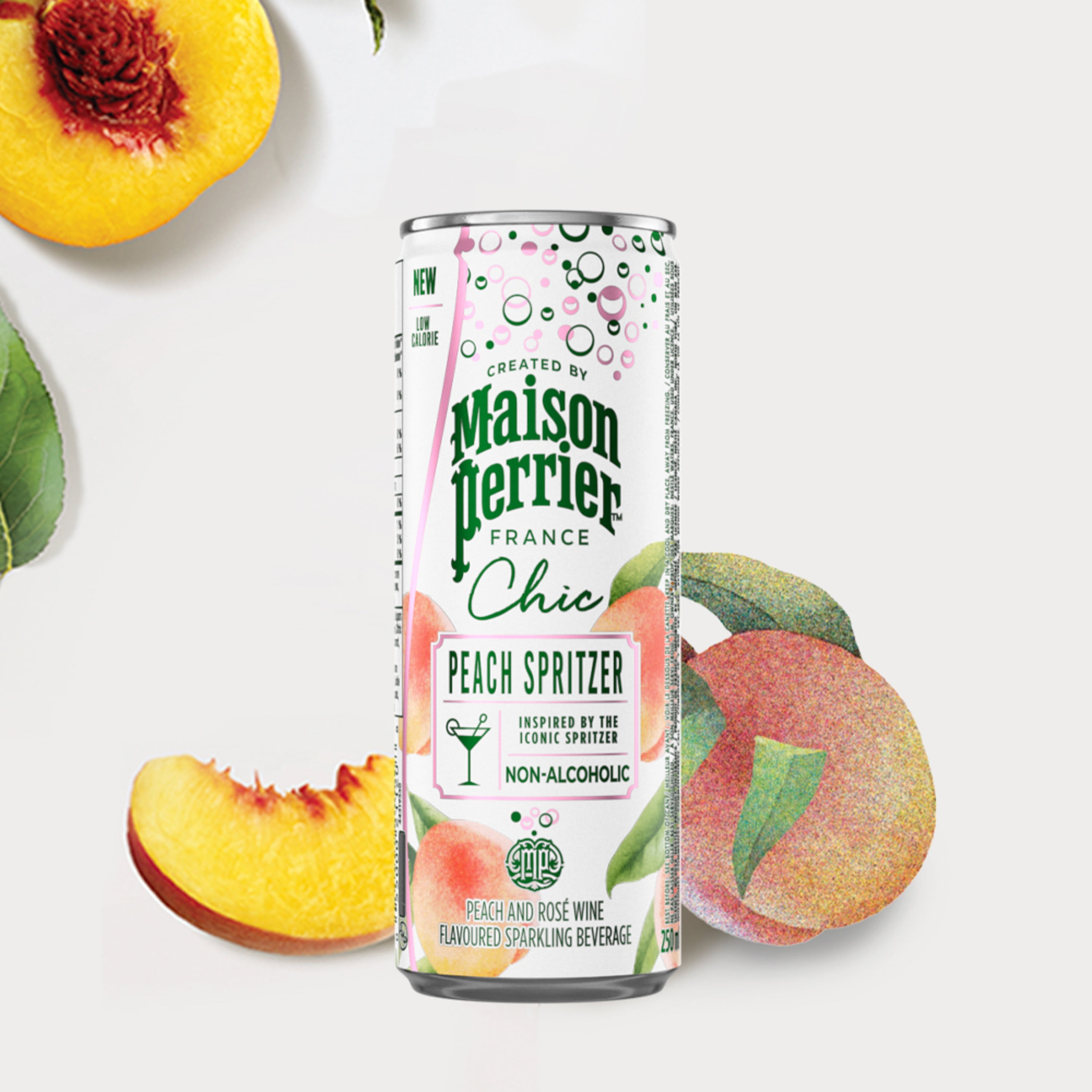 Maison Perrier MAISON PERRIER Chic Peach Spritzer, Non-Alcoholic, Peach And Rosé Wine-Flavoured Sparkling Beverage, Low Calorie Mocktail, Ready To Drink, 1 L