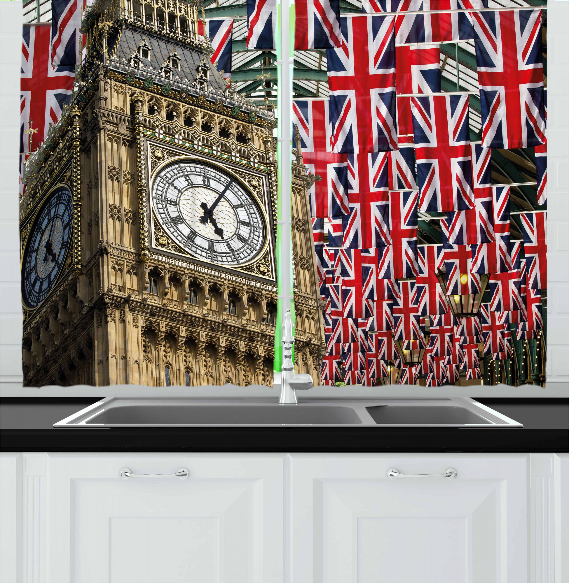 Union Jack Kitchen Curtains, UK Flags Background Big Ben Celebrations