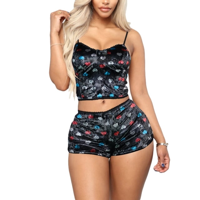 ZAXARRA Pyjama Femme Été 2Pcs Ensembles Sans Manches Camisole Dos + Motif Imprimé Velours Short
