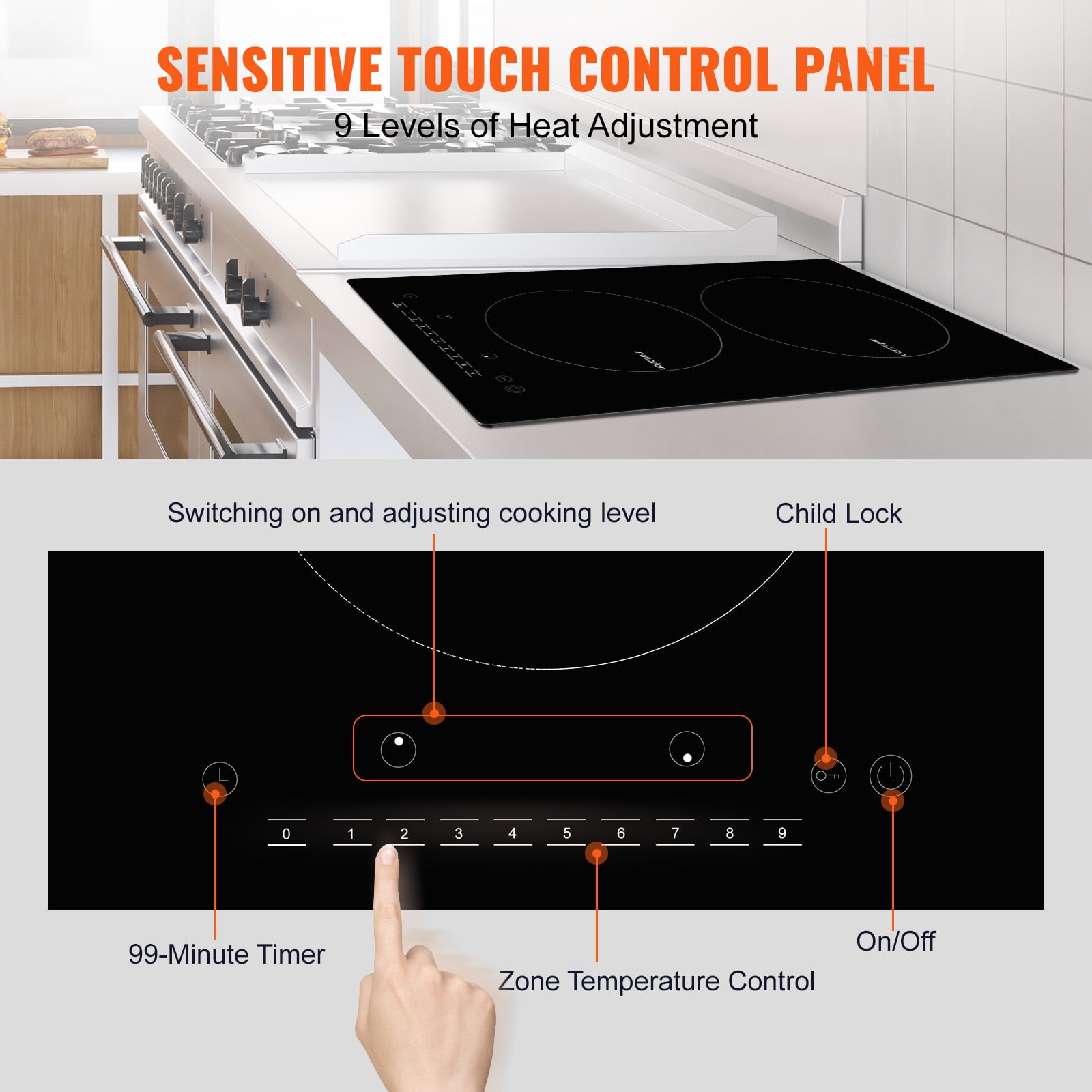 SKYSHALO 12" Electric Cooktop, 1800W 2 Burners Ceramic Glass Stove Top Touch Control Built-in Magnetic Cooktop w/ 9 Heating Level Child Lock & Over-Temperature Protection
