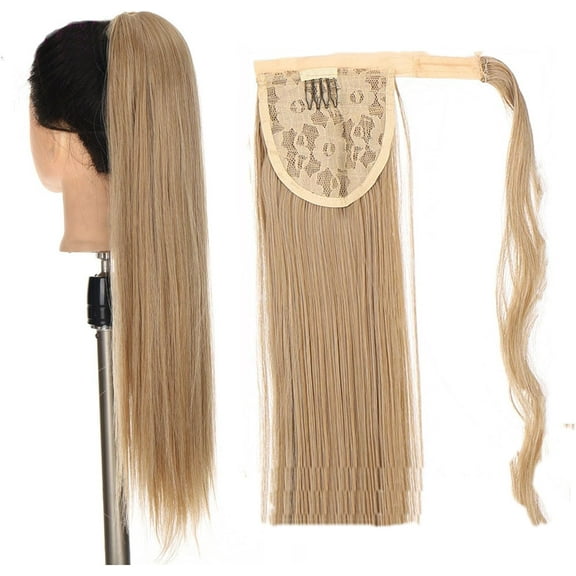 Aorsher Ponytail Extension 24 Inch Long Straight Wrap Around Ponytail Synthetic Heat Resistant Clips in Hairpiece for Women Ash Blonde