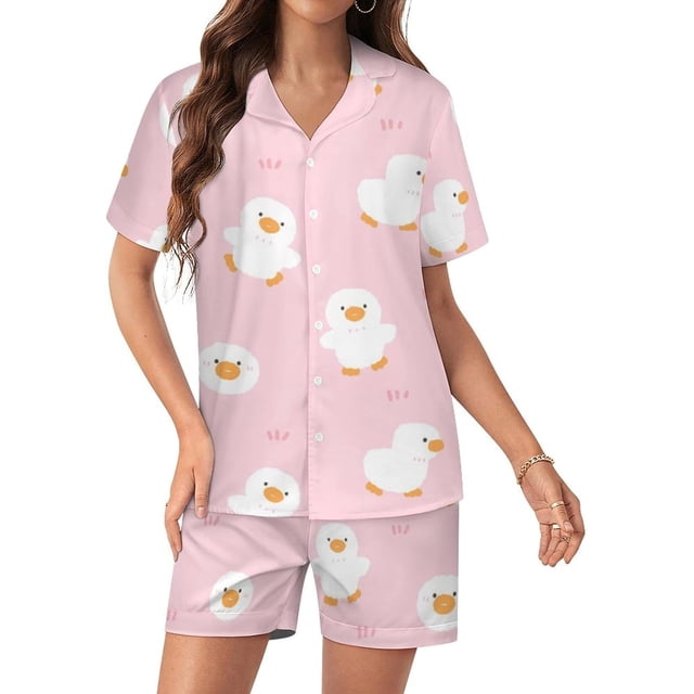 PRIYAL Ensemble de Pyjama Mignon Canard Rose pour Femmes, Ensemble de Shorts Deux Pièces, Manches Courtes