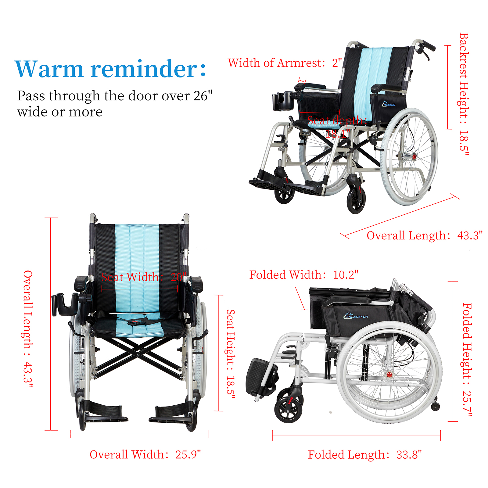 ENCAREFOR 13lbs Ultra Lightweight Wheelchair with Ergonomic Backrest ...