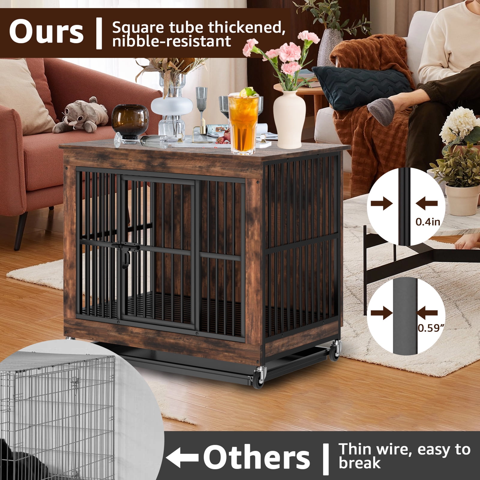 PRIJESSE 39 Inch Chew Proof Dog Crate Furniture, Rustic Brown Wooden End Table with Removable Top & Pull-Out Tray for Large Dogs, Indoor Kennel House