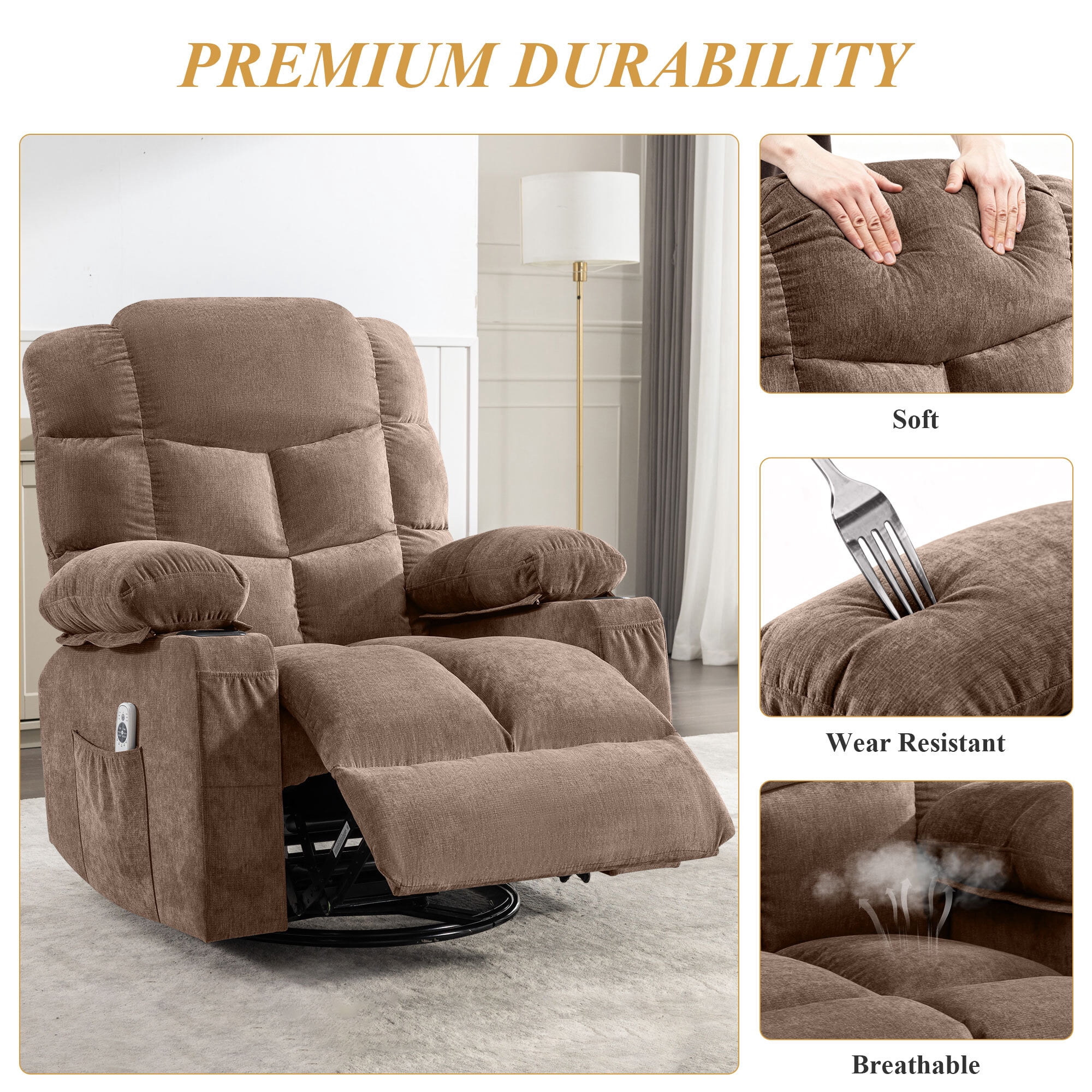 Alvantor Swivel Recliner Chair with Massage & Heat Single Rocker Sofa with Cup Holders for Bedroom Home Theater Brown