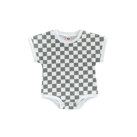 

Frobukio Infant Baby Boys Girls Casual Romper Plaid Printed Short Sleeve Round Neck Triangle Bodysuit Gray 0-6 Months