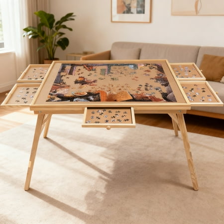 27" H Tall 1500 Piece Puzzle Table with Legs 5 Drawers 34" W x 26" D Large Wood Folding Jigsaw Puzzle Board for Adults Nature