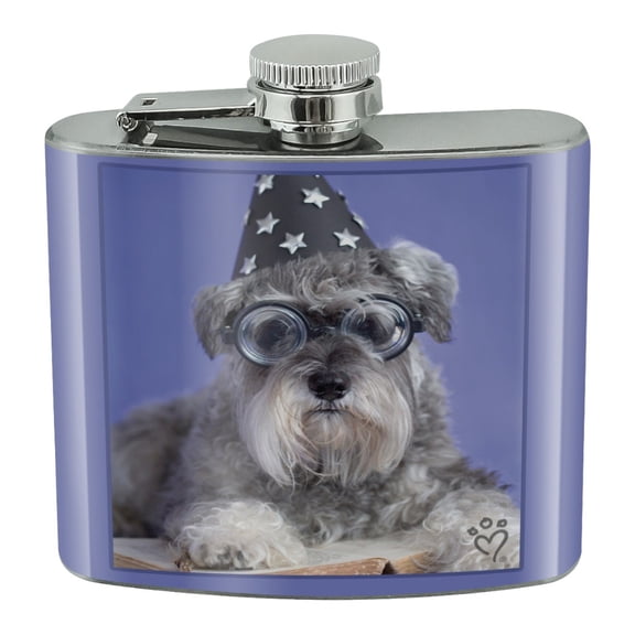 Schnauzer Puppy Dog Wizard Glasses Spell Book Stainless Steel 5oz Hip Drink Kidney Flask