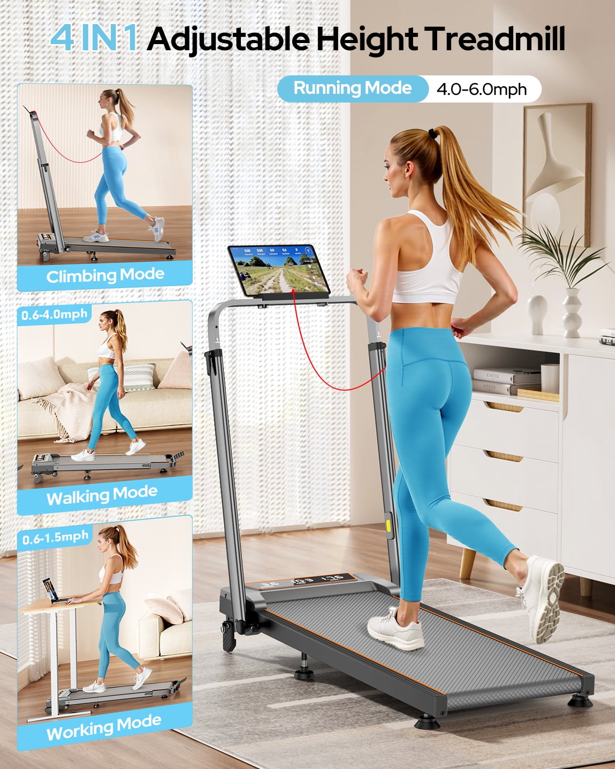 Walking Pad with 12% Incline/Adjustable Height Handle Bar, Upgraded 3.5HP Walking Pad with Handle Bar, 4 in 1 Foldable Treadmill with Incline, Electric Portable Treadmills for Home 350LBS, LED Displa