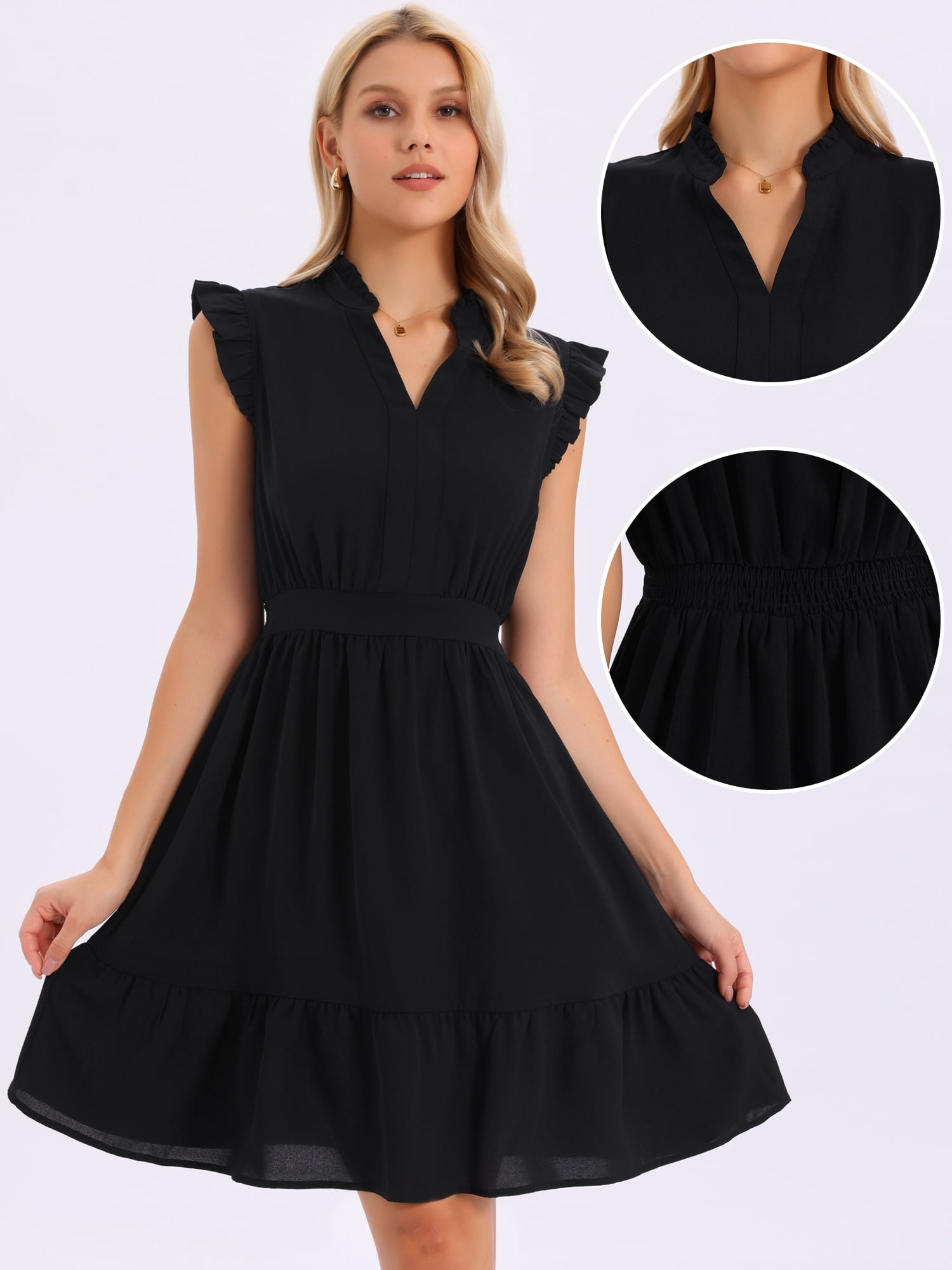 DARING DIVA Women's Sleeveless V Neck Elastic Waist Flowy Ruffle Hem Dresses XL Black
