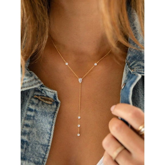 Gold-6 Y-Necklace With Teardrop And Round Cubic Zirconia Stones