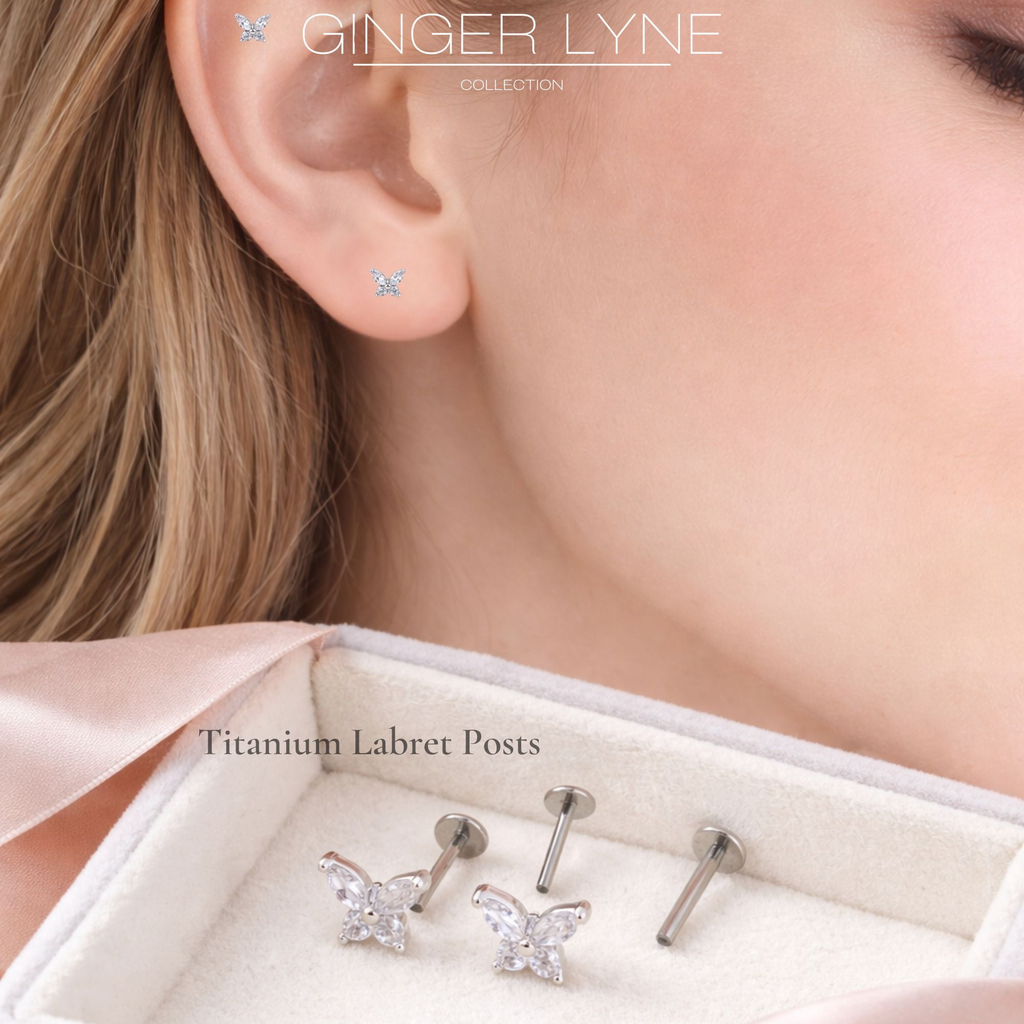 Small Butterfly CZ Solitaire Flat Back Stud Earrings Titanium Body Piercings by Ginger Lyne 2 Sets Post 6mm 8mm