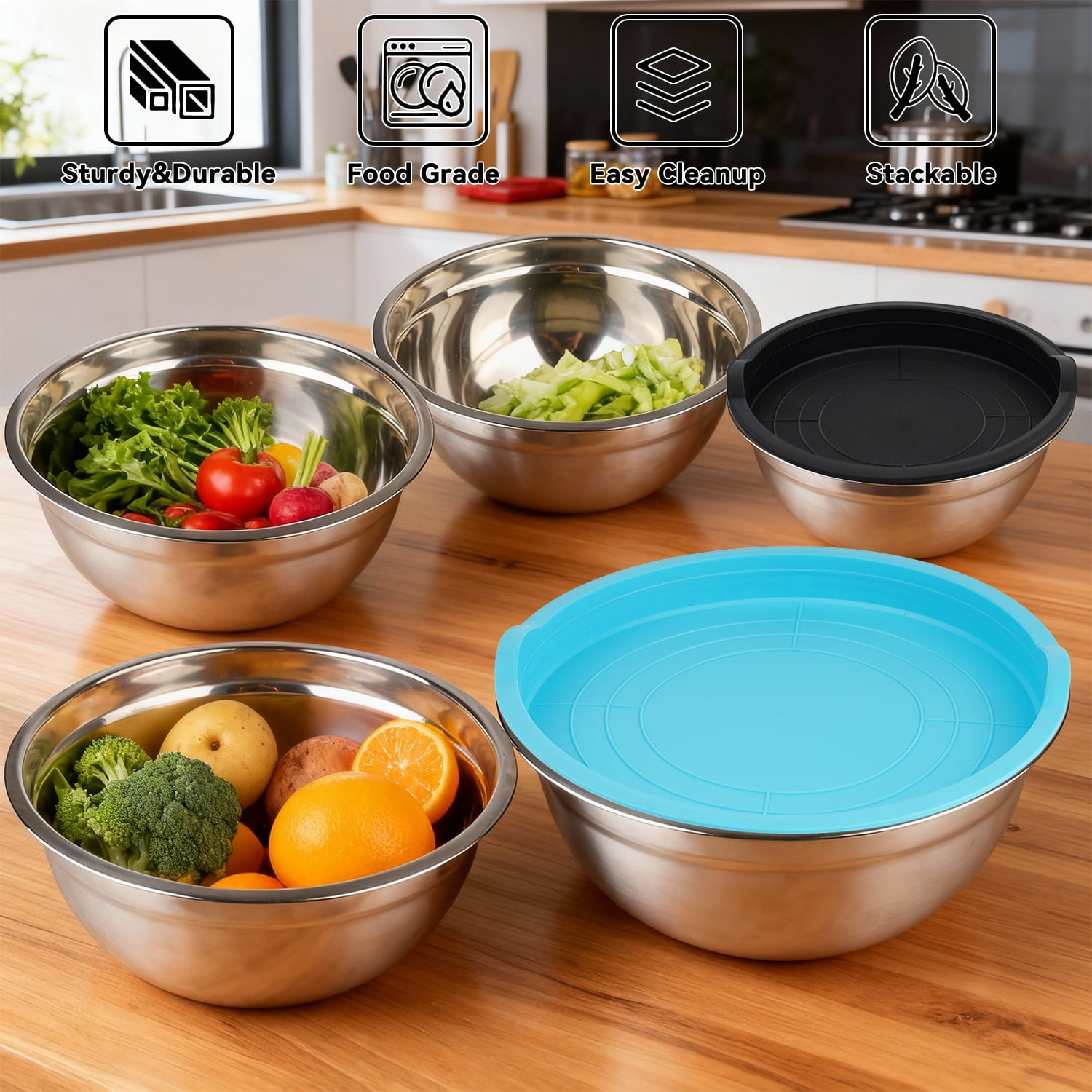 Mixing Bowls with Lids Set, 23 Pcs Kitchen Utensils Stainless Steel Nesting Bowls, Measuring Cups Spoons, 12 Reusable Silicone Stretch Lids Non-Slip Mat Egg Whisk for Baking Cooking by Kosbon