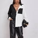 thumbnail image 4 of Camisa de mujer con botones de una sola fila, costura de Color, manga larga, bolsillo de un lado, dobladillo suelto, camisa informal para uso diario, negro, blanco, M, 4 of 7