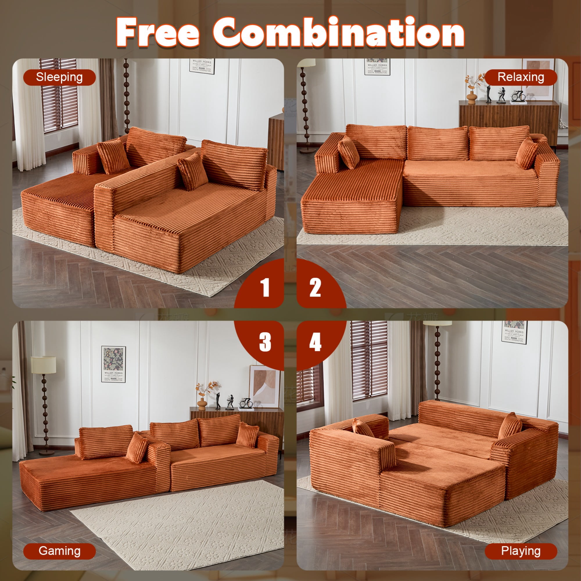 L-Shape Sectional Sofa Couch with Comfy Chaise,Modular Compression Sectional Couch with Deep Seat,Corduroy Sleeper Sofa Couches for Living Room Bedroom Apartment,Brown