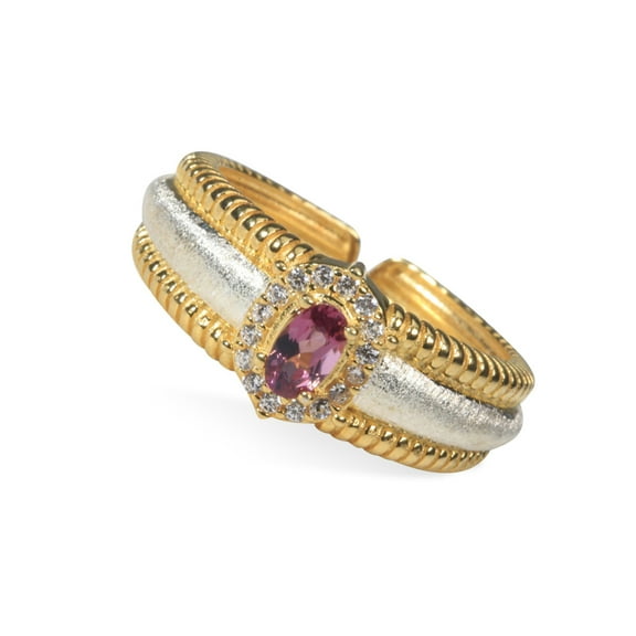925 Sterling Silver Rubellite Ring for Women, Adjustable Crown-Style Statement Ring, Open Band Gold-Plated Jewelry with Tourmaline Gemstone