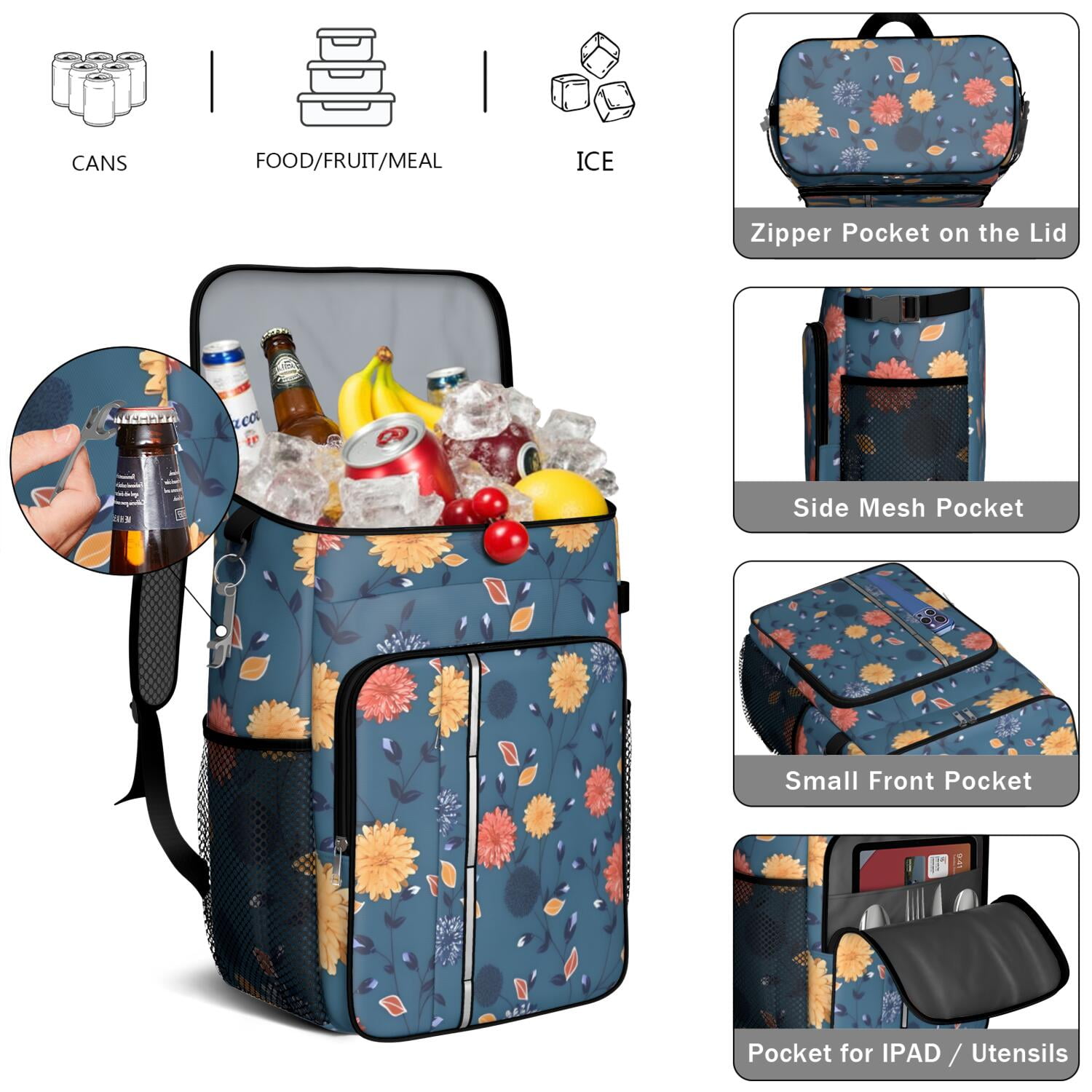 Travel Cooler Bag - Pioneer Flower Floral Print Pattern Camping Beer Cooler Backpack with Bottle Opener- Waterproof Insulated Picnic Backpacks - Cooler Bag for Beach