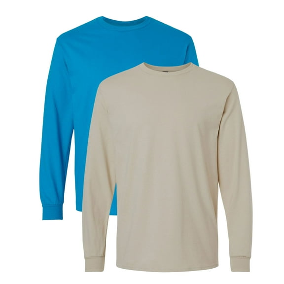 Gildan Unisex Ultra Cotton Long Sleeve T-Shirt 100% Cotton Heavyweight Classic Fit Plain Tee (Sapphire+Sand-2PCS, S)