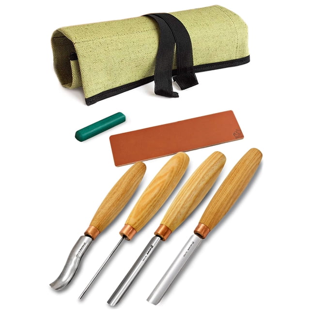 BeaverCraft Wood Carving Gouges Chisels Kit SC01 - Wood Spoon Carving Chisel Set - Whittling Tools Includes Radial Gouges, Flat Chisel, Bent Gouge, Leather Strop & Rolling Pouch