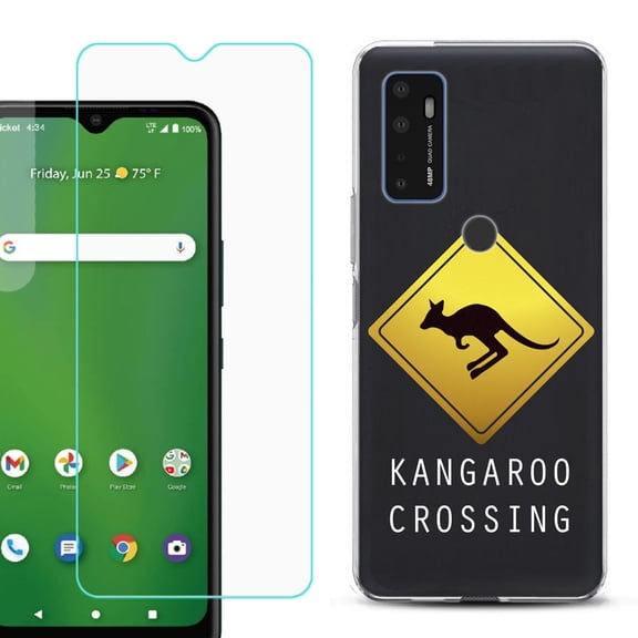 Slim-Fit Gel TPU Phone Case for Cricket Dream 5G, with Tempered Glass Screen Protector, by OneToughShield ® - Road Sign Kangaroo