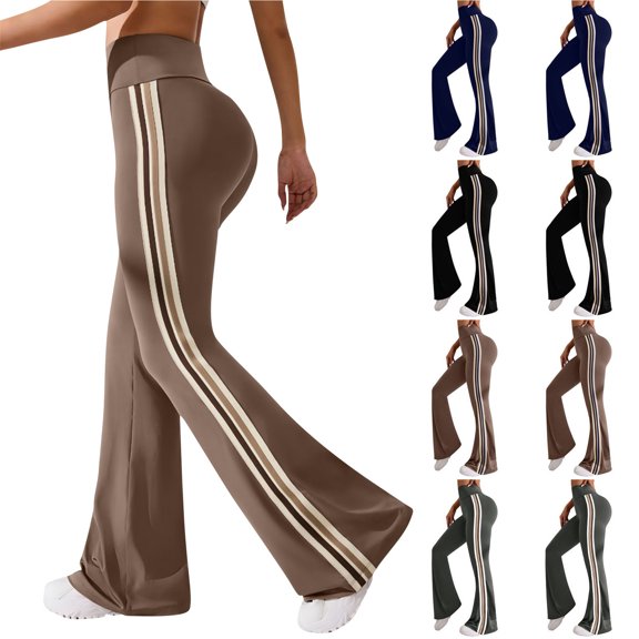 Smsaxvxz Yoga Pants Women High Waist Stripes Soft Casual Stretch Flared Bottoms Athletic Running Trousers Coffee XL
