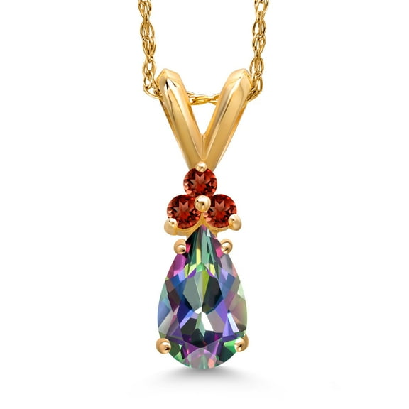 Gem Stone King 14K Yellow Gold Green Mystic Topaz and Red Garnet Pendant Necklace for Women | 1.01 Cttw | Gemstone November Birthstone | Pear Shape 7X5MM | With 18 inch Chain