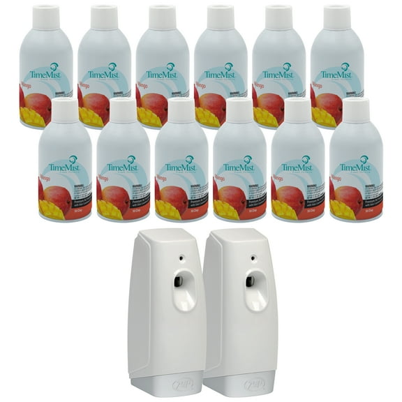 TimeMist Premium Metered Air Freshener Refills, Mango (Case of 12) with Meter Mist 3000 Ultra Dispenser (2 Pack) - 1042810 - Lasts Up To 30 Days and Neutralizes Tough Odors
