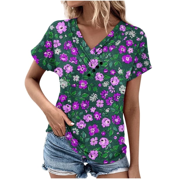 Tops de Algodón para Mujeres Cuello en V Moda Casual Manga Corta Primavera Verano Top para el Hogar Y Diario