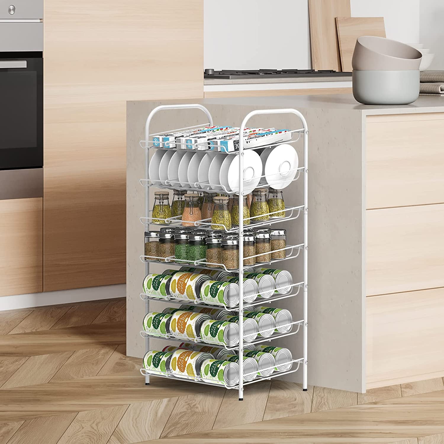7-Tier Can Organizer Rack Dispenser for Pantry, White