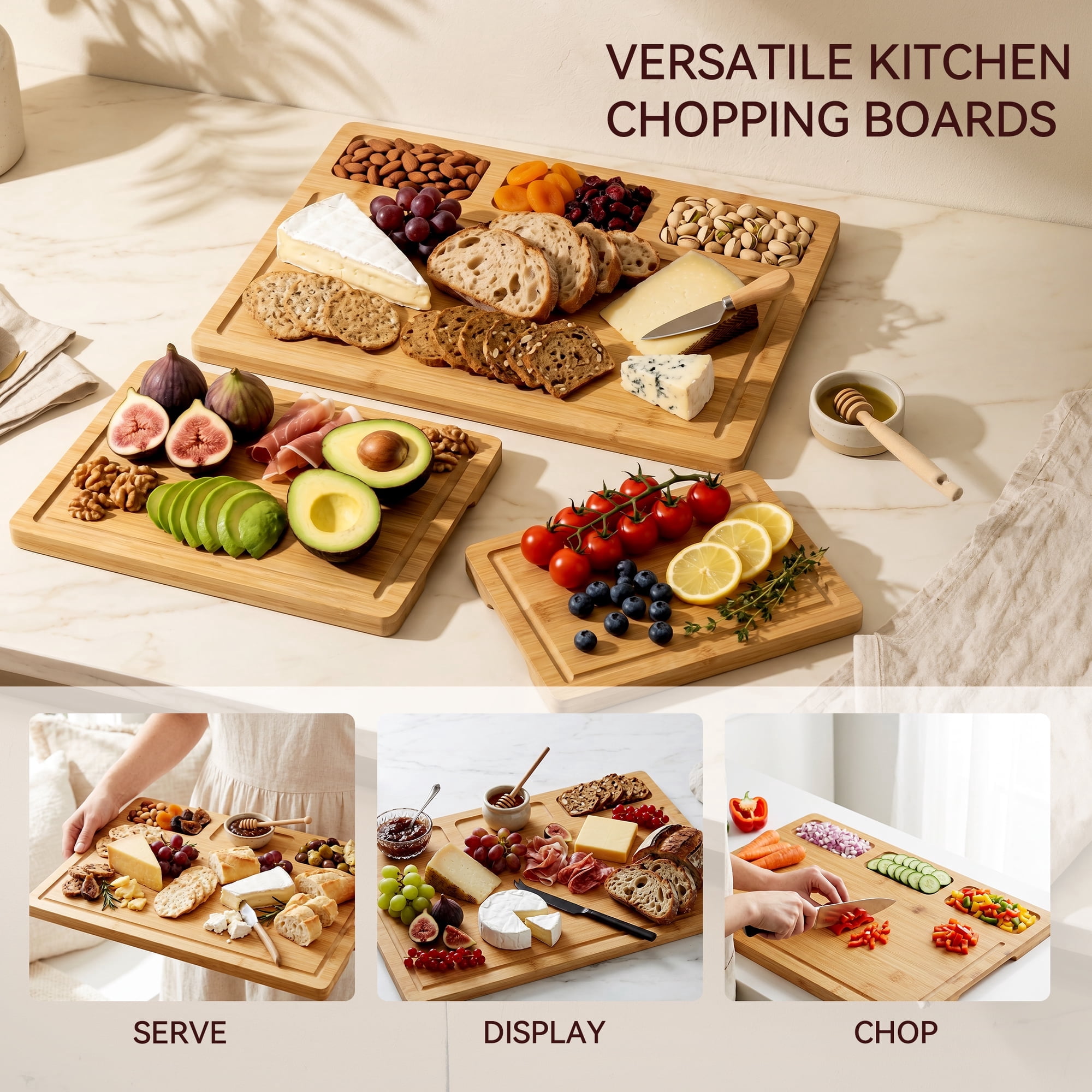 Kikcoin Cutting Board Set of 3, Bamboo Cutting Boards for Kitchen, Non-slip Wooden Chopping Boards with Juice Grooves, Reversible Charcuterie Board for Fruit, Meat