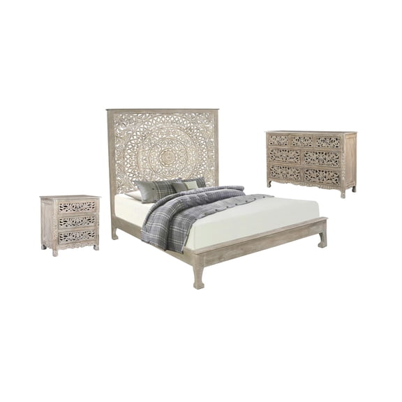 Taran Designs Gianna 3-piece Floral Carved Solid Wood Bedroom Set in Gray