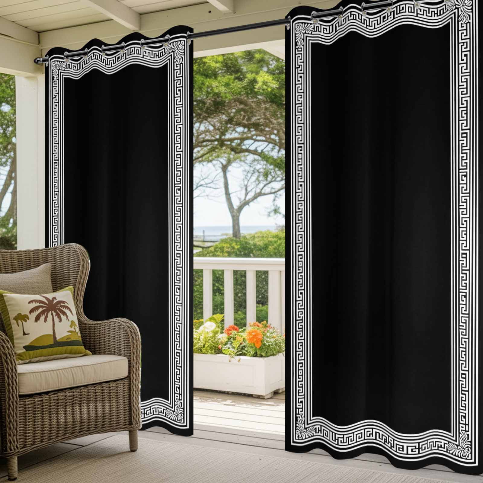 Black White Outdoor Curtains for Patio Waterproof, Geometric Greek Key Bordered Abstract Art Grommet Curtains for Porch Outside Privacy Drape for Gazebo Garden Pergola, 2 Panels, 54x84in