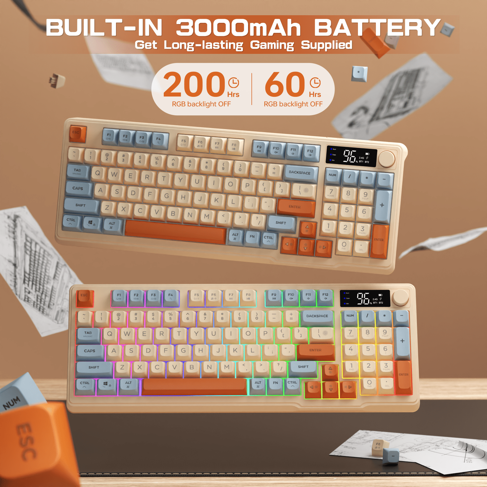 ZIYOULANG M96 Dual Mode Wireless Gaming Keyboard with 2.4G & BT5.0, 90% Membrane Semi-mechanical Keyboard with Smart Display & Knob