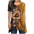 thumbnail image 2 of Summer Saving Wycnly Womens Shirts Plus Size Vintage Irregular Hem Lightweight Tunic Tops Summer Short Sleeve Round Neck Ladies Rose Print Tops and Blouses Yellow l, 2 of 6