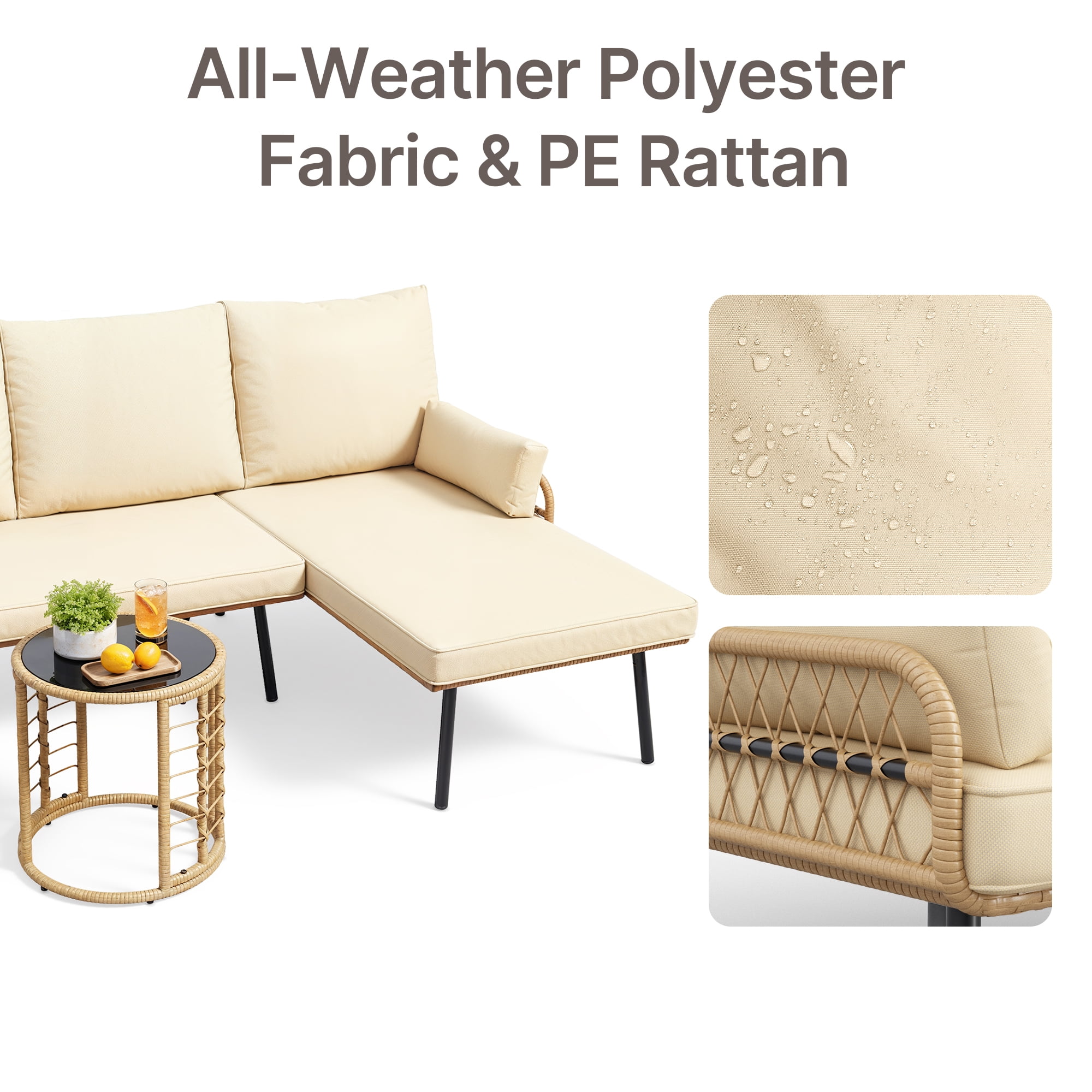 Outdoor Patio Furniture Set, Asofer Wicker Rattan L-Shaped Conversation Sectional Sofa Set with Thick Cushions & Table, Beige