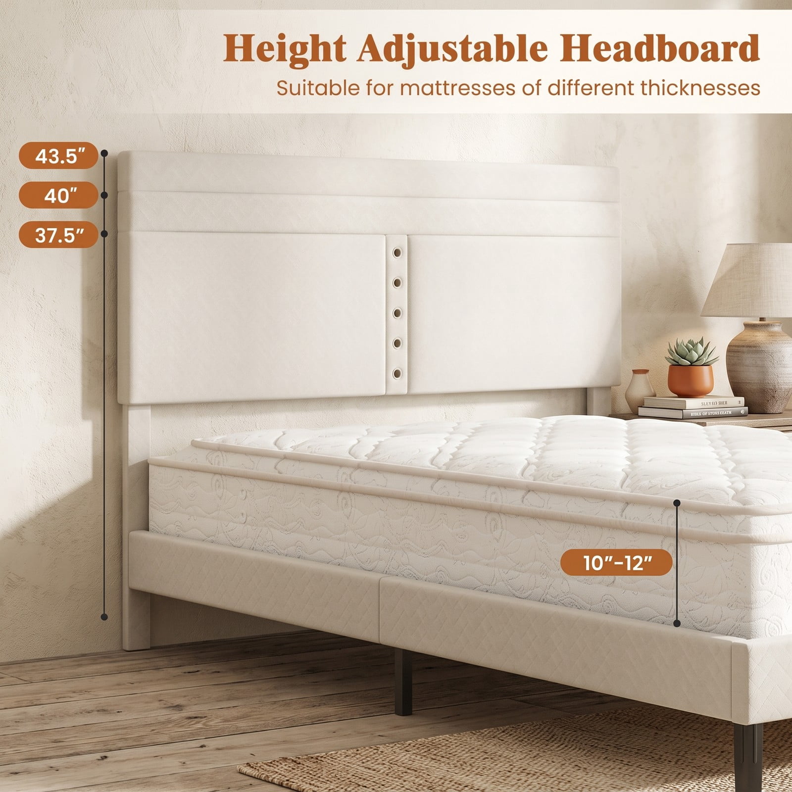 Furnibear Velvet Upholstered Platform Bed Frame with Height Adjustable Chevron Headboard and Wooden Slats for Bedroom, Beige