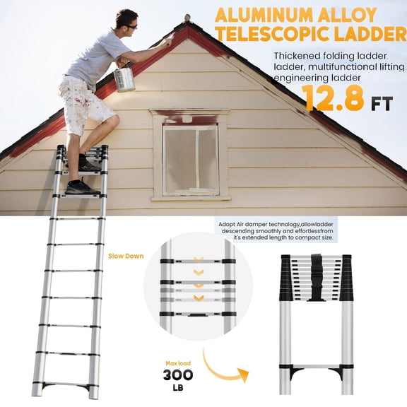 Tereitr 12.8ft Telescoping Ladder, 330lbs Capacity Stainless Steel Extension Ladder, Multi-Position Locking Safety, Collapsible Folding Ladder for Home, RV, Outdoor