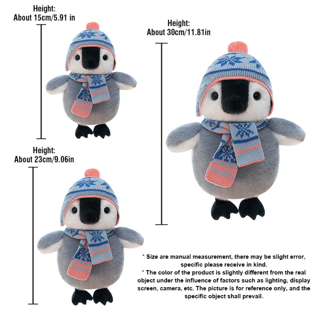 Penguin Stuffed Animal with Knit Hat Scarf for Adults Women, Weighted Sitting Soft Cuddly Plush Toy Gifts for Birthday Holiday Winter Valentine-9.06''