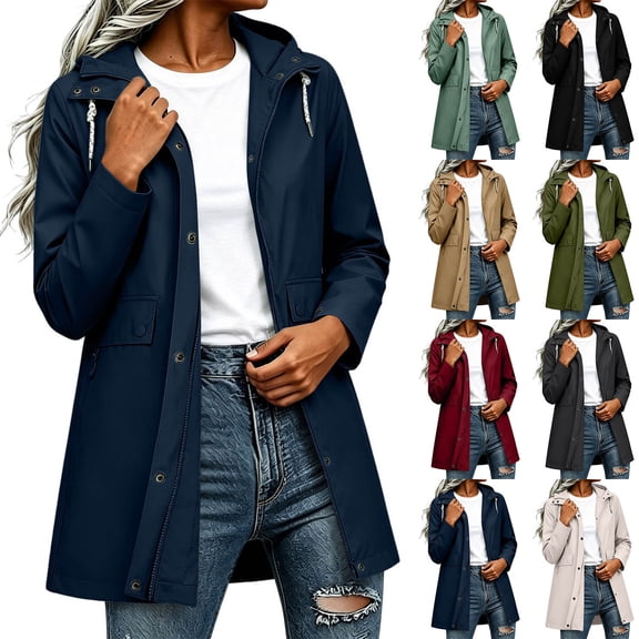 Womens Outdoor Jacket Plus Size Hooded Waterproof Long Sleeve Solid Color Plaid Lined Winter Casual Daily Outdoor Mid Length Jacket Raincoat with Pockets