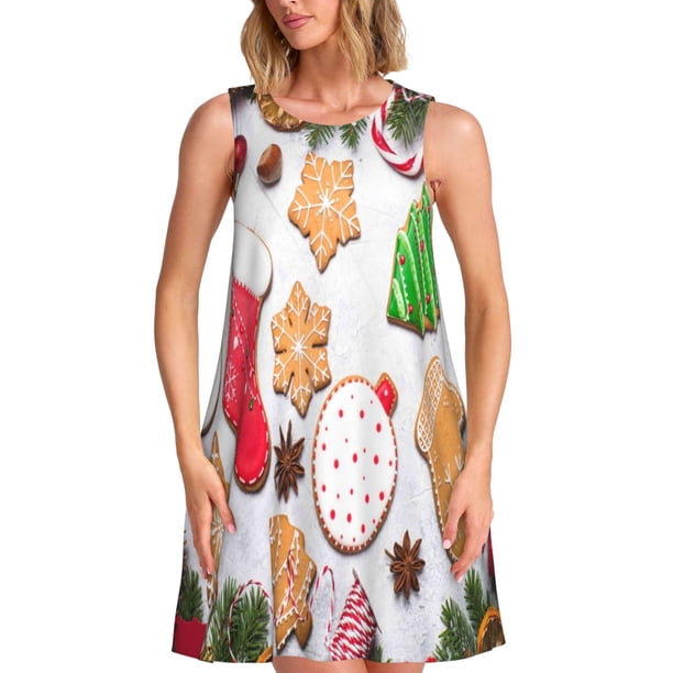 Fotbe Christmas Gingerbread Cookies Vestido de Verano sin Mangas para Mujer – Vestido Midi Línea A, Estilo Camiseta Floral, Vestido Playero Casual y Fluido