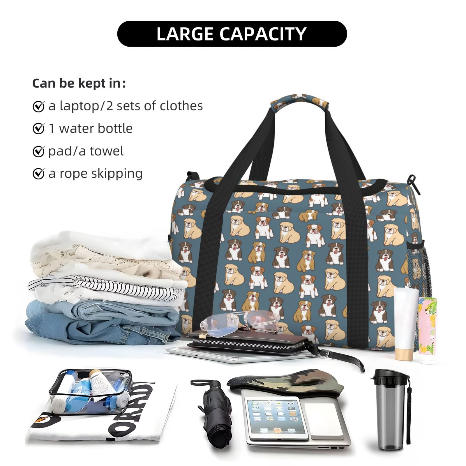 Fuzoiu Cartoon Bulldog 1 Print Travel Duffle Bag,Carry On Tote Bags,Duffel Bag,Sport Gym Bag, Hospital Bag for Labor and Delivery, Overnight Bag,Luggage Bag